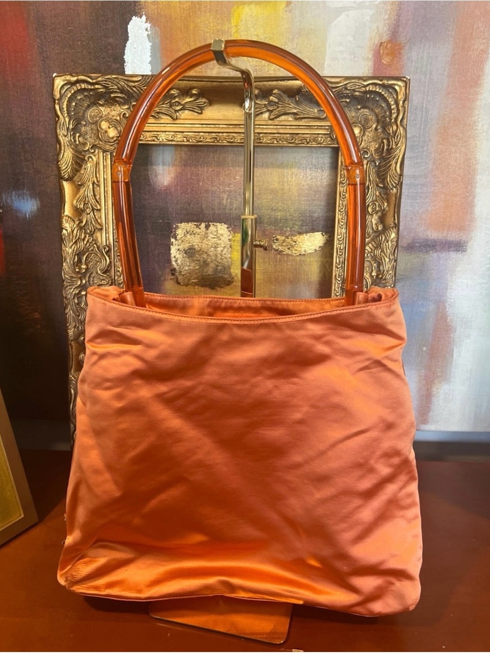Vintage Prada Coral Orange Satin Bag Plexiglass Handle Made in Italy - Picture 8 of 11